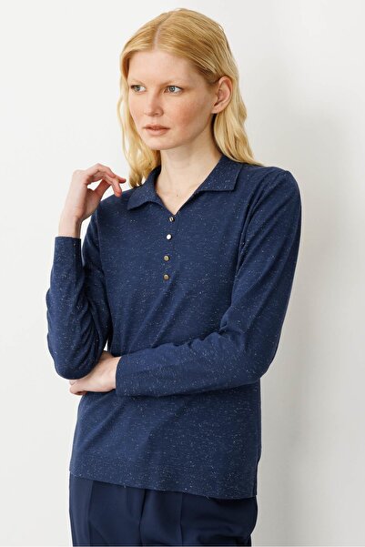 Desen Triko Women's Polo Neck Angelina Basic Blouse Navy Blue