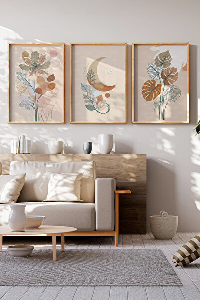 Tontilika Minimalist Doğa ve Ay 3 Parçalı Ahşap Çerçeveli Tablo Seti
