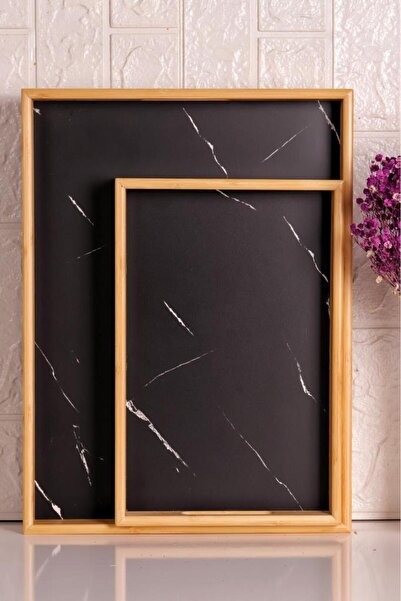 Atbyhome Bambum Marbella - Set of 2 Marble Patterned Trays Black Large Small