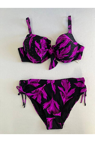 hazelin Women's Black Purple Stone Embroidered Plus Size Bikini Set Hzl25S-Lc3337