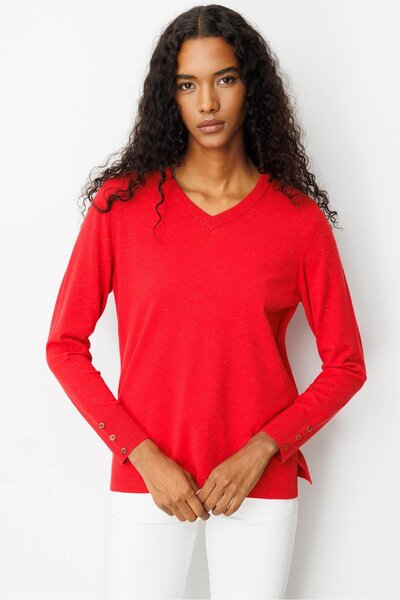 Desen Triko Women's V-Neck Buttoned Sleeves Glitter Blouse A.Red