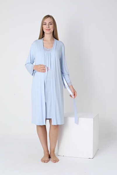 Miss Dünya Lissa Lace Detailed Dressing Gown V-Neck Midi Length Maternity and Postpartum Nightgown Set
