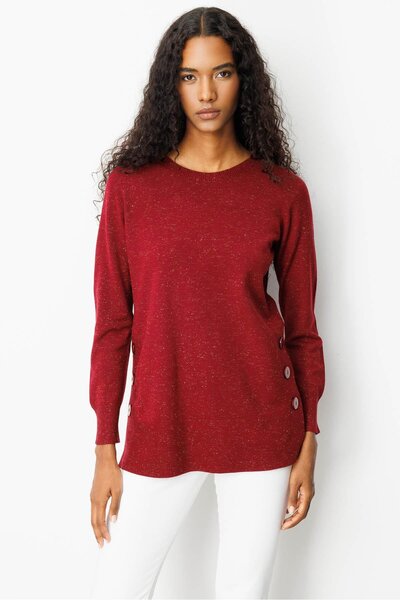 Desen Triko Women's Crew Neck Seamless Side Buttoned Glitter Sweater Cherry