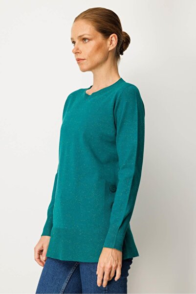 Desen Triko Women's Crew Neck Seamless Side Buttoned Glitter Sweater A.Ö.Başı