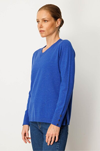 Desen Triko Women's V-Neck Sleeves Buttoned Glitter Blouse S.Blue