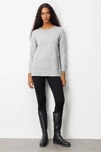 Desen Triko Women's Crew Neck Seamless Side Buttoned Glitter Blouse Gray