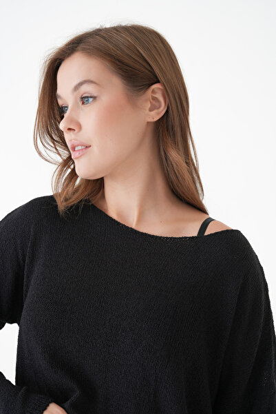 barış sülün lovebox Women's Wide Collar Oversize Black Knit Sweater 6933