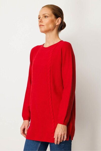 Desen Triko Women's Knitwear Side Slit Rice Knit Sweater Dark Red