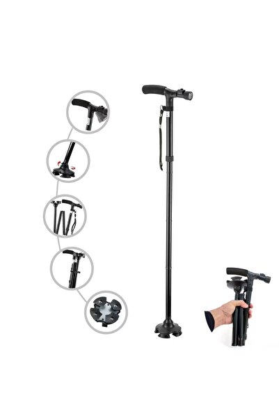 Impact Vision Folding cane with T-handle, Adjustable height, With flashlight, Anti-slip, Black, Impact Vision®