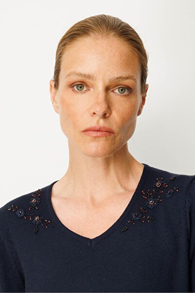 Desen Triko Women's V-Neck Shoulder Beading Embroidered Blouse K.Dark Blue