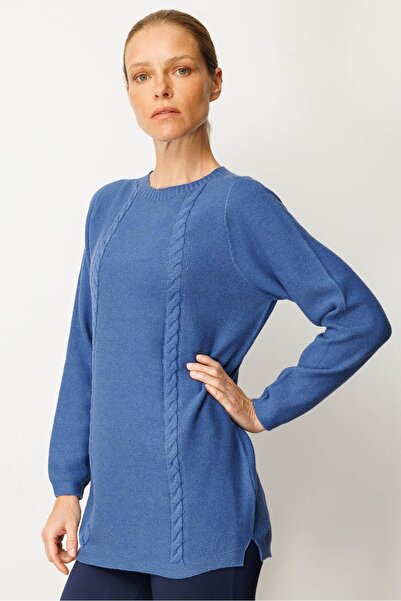 Desen Triko Tricotaj pentru femei Pulover tricotat din orez cu deschidere laterală Indigo