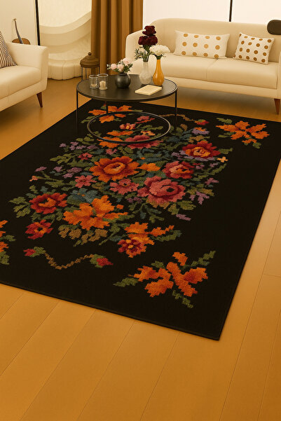 Rugs Modern Halı سجادة ديكور بنمط أسود على شكل زهرة من موسو mosso707Black