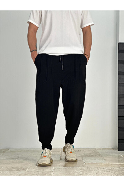 hazelin Чоловічі чорні штани з широким кроєм, кишенями та шнурком на талії HZ...
