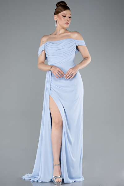 Abiyefon Buz Mavisi Kayık Yaka Yırtmaçlı Uzun Şifon Abiye Elbise ABU4925