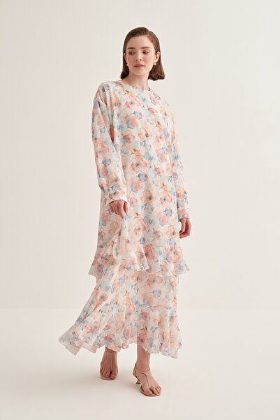 EBU Prive Women's Chiffon Ruffle Dress Glittering Colorful Floral Pattern Ecru