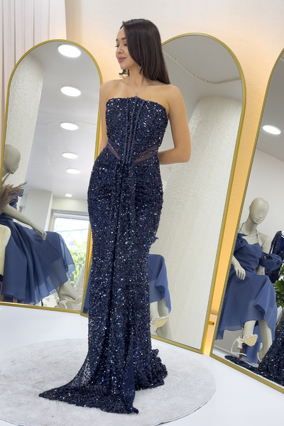 the ZKS Strapless Sequin Waist Low-Cut Evening Dress Silver, Saks, Gold, Powder, Navy Blue, Black, Baby Blue