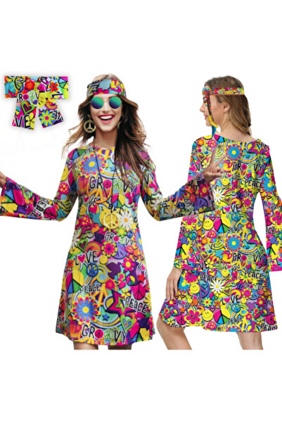 Other Costum hippie pentru Ziua Sfântului Andrei, carnaval, rochie cu bentiță din anii '60, '70 și '80