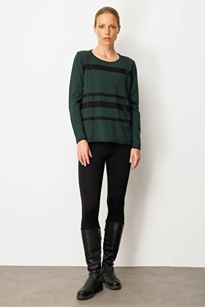 Desen Triko Γυναικεία μπλούζα με λάμψη με ρίγες από πέτρα από μαλλί πράσινο