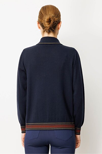 Desen Triko Women's Polo Neck Glitter Striped Wool Blouse Dark Navy