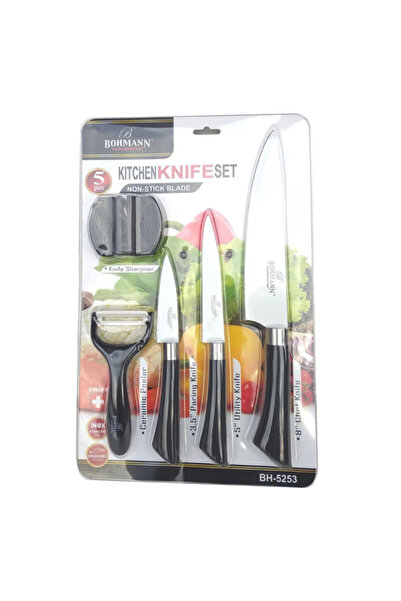 Bohmann BH 5253 knife set, 5 pieces, Peeler and sharpener, Black/white