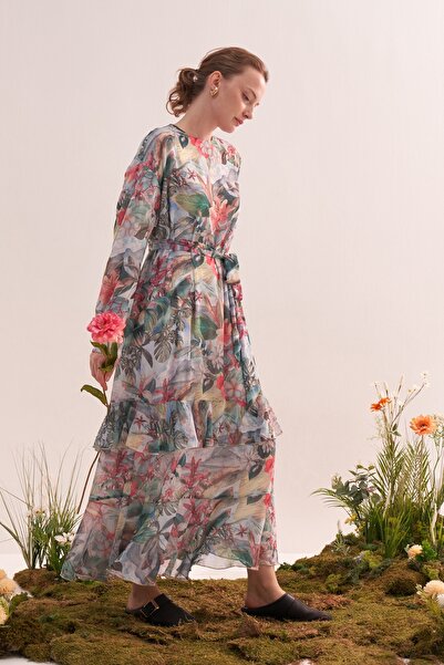 EBU Prive Women's Chiffon Ruffle Dress Tropical Floral Pattern Blue