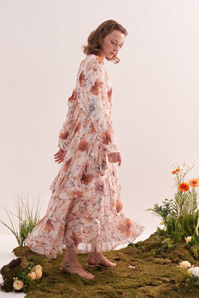 EBU Prive Women's Chiffon Ruffle Dress Glittering Orange Floral Pattern Ecru