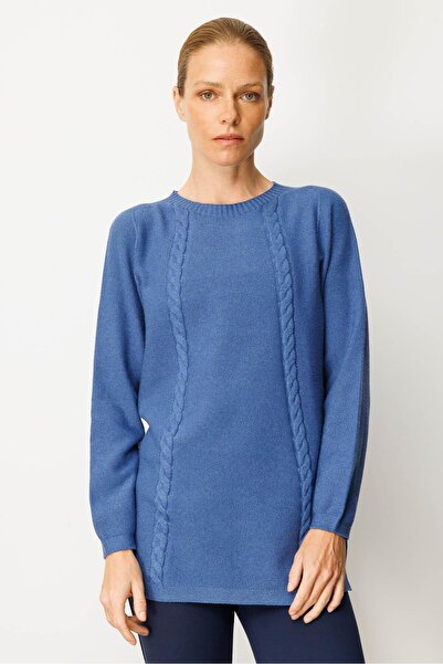 Desen Triko Tricotaj pentru femei Pulover tricotat din orez cu deschidere laterală Indigo