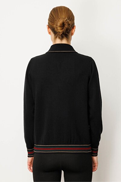 Desen Triko Women's Polo Neck Glitter Striped Wool Blouse Black