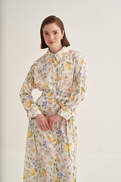 EBU Prive Women's Patterned Oversize Shirt Dress Lemon Floral Pattern