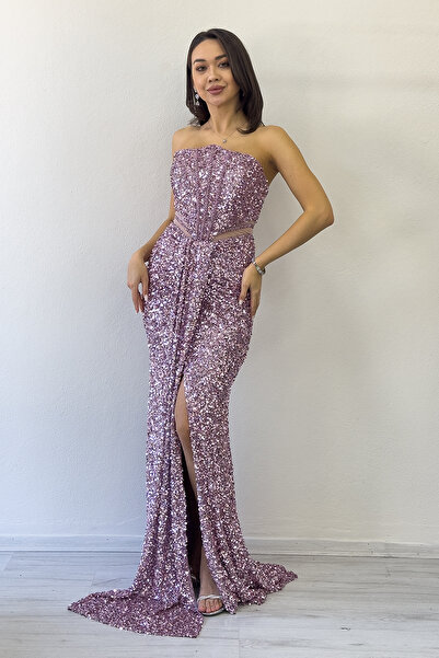 the ZKS Strapless Sequin Waist Low-Cut Evening Dress Silver, Saks, Gold, Powder, Navy Blue, Black, Baby Blue