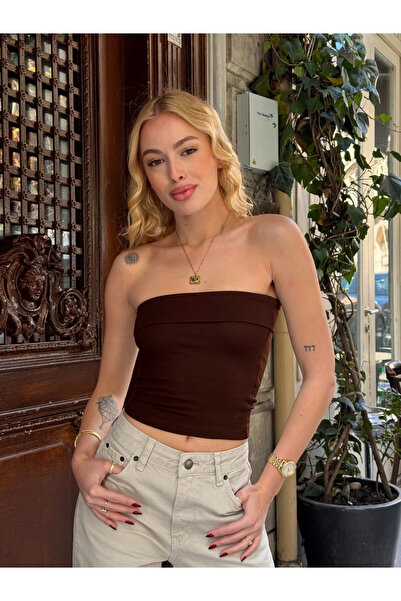 hazelin Γυναικεία καφέ μπλούζα χωρίς στράπλες HZL24S-ZK11301