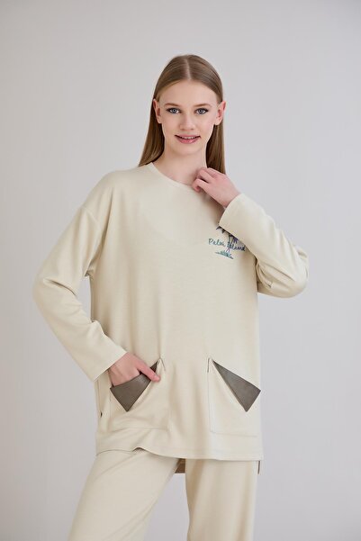 Sortie Leather Pockets Paneled Printed Crew Neck Tunic