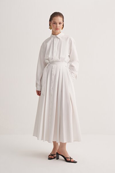 EBU Prive Women's Poplin Pleated Shirt Dress Ecru