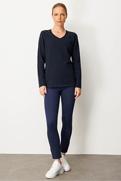 Desen Triko Women's V-Neck Shoulder Beading Embroidered Blouse K.Dark Blue