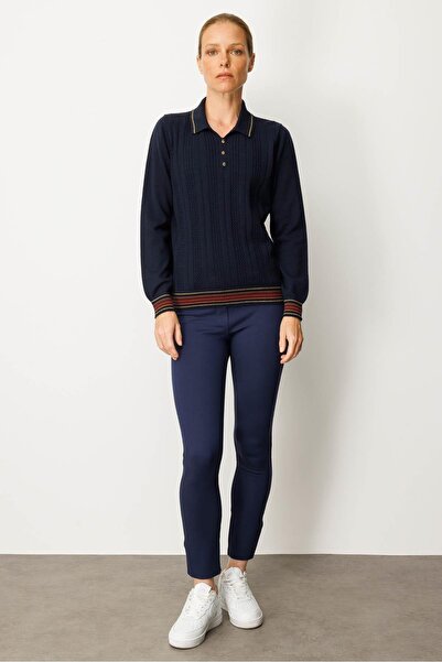 Desen Triko Women's Polo Neck Glitter Striped Wool Blouse Dark Navy
