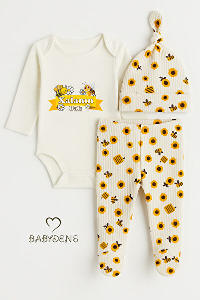 BABYDEN'S Xala's Honey 3-Piece Baby Set – Long Sleeve Checkered Bodysuit, Bee Patterned Pants, and Hat