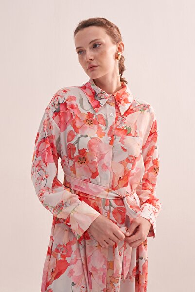 EBU Prive Women's Patterned Oversize Shirt Dress Pink Floral Pattern