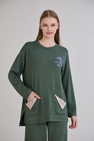 Sortie Leather Pockets Paneled Printed Crew Neck Tunic