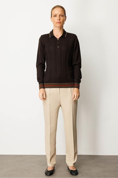 Desen Triko Women's Polo Neck Glitter Striped Wool Blouse Dark Brown