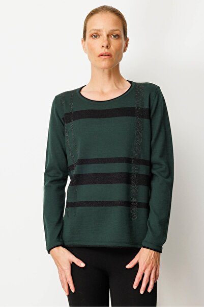 Desen Triko Γυναικεία μπλούζα με λάμψη με ρίγες από πέτρα από μαλλί πράσινο