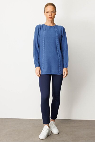 Desen Triko Tricotaj pentru femei Pulover tricotat din orez cu deschidere laterală Indigo