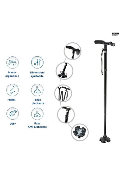 Impact Vision Folding cane with T-handle, Adjustable height, With flashlight, Anti-slip, Black, Impact Vision®