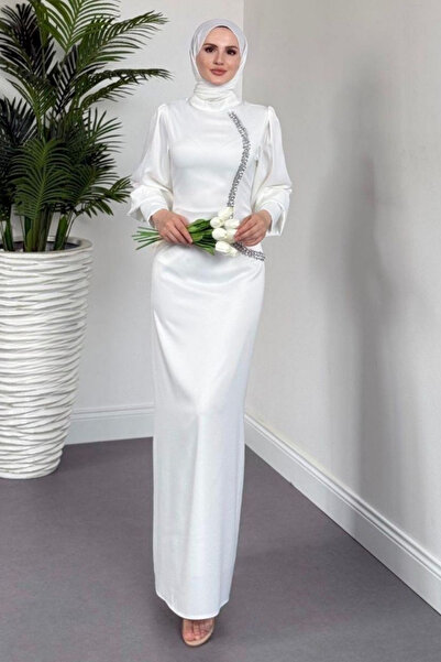 Tesettür Diyarı Kadın Saten Yandan Taşlı Kalem Abiye