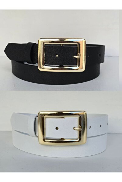Kemerix Women's Black and White Gold Buckle 2-Piece Belt Set