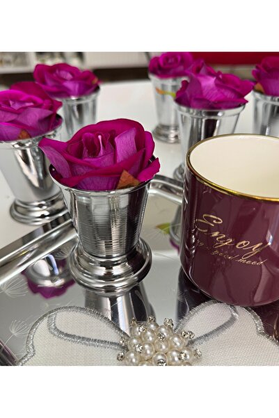 SEVA ÇELİK Decorative Silver Plated 6 Pieces Rose Bowl Includes Fuchsia Color Roses