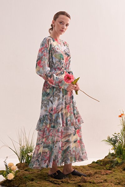 EBU Prive Women's Chiffon Ruffle Dress Tropical Floral Pattern Blue