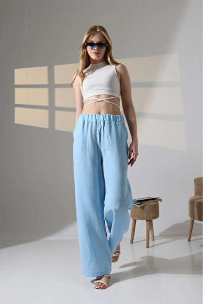 hazelin Women's Blue Elastic Waist Muslin Fabric Wide Leg Pants Hzl25S-Dsb12221