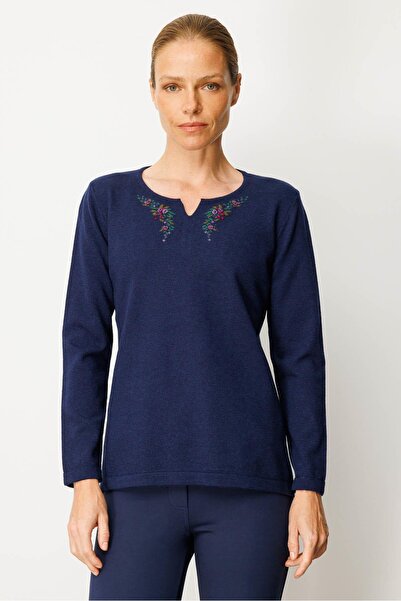 Desen Triko Women's Crew Neck Embroidered Edge Wool Blouse Y.A Navy Blue
