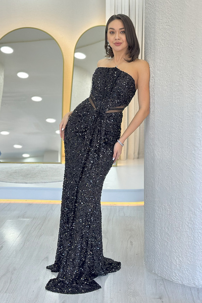 the ZKS Strapless Sequin Waist Low-Cut Evening Dress Silver, Saks, Gold, Powder, Navy Blue, Black, Baby Blue