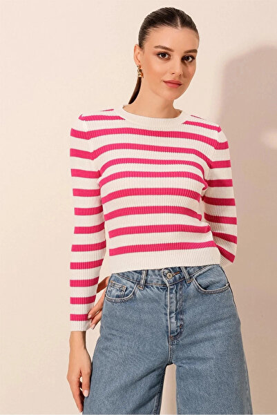 hazelin Women's Pink Striped Crew Neck Knit Sweater Hzl24W-Bd1101331